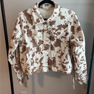 Altar'd State Cow Print Fringe Jean Jacket